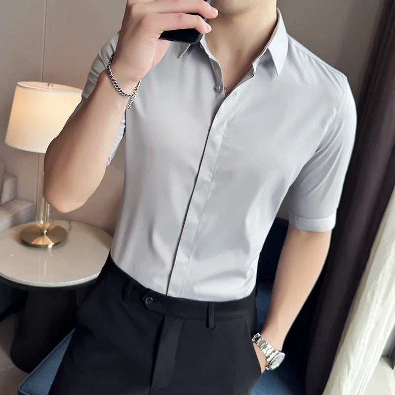 Top Quality Summer Ice Silk Men’s Shirts: Slim Fit, Half Sleeve, Business Casual