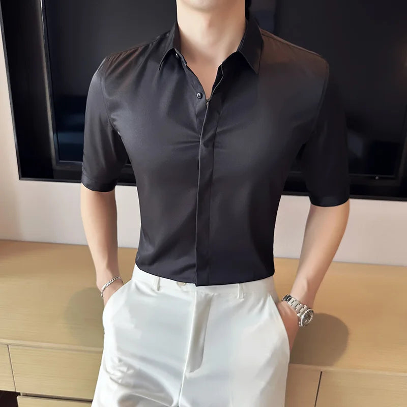 Top Quality Summer Ice Silk Men’s Shirts: Slim Fit, Half Sleeve, Business Casual