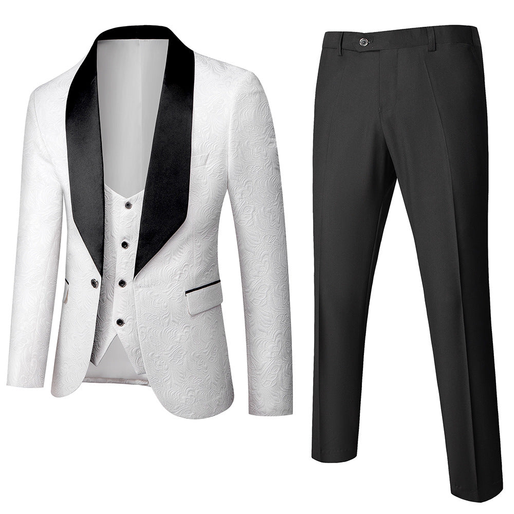 Wedding Suits White Jacquard Black Satin Collar Tuxedo