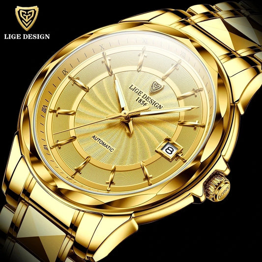 LIGE Gold Watch Men Luxury Mechanical Watch