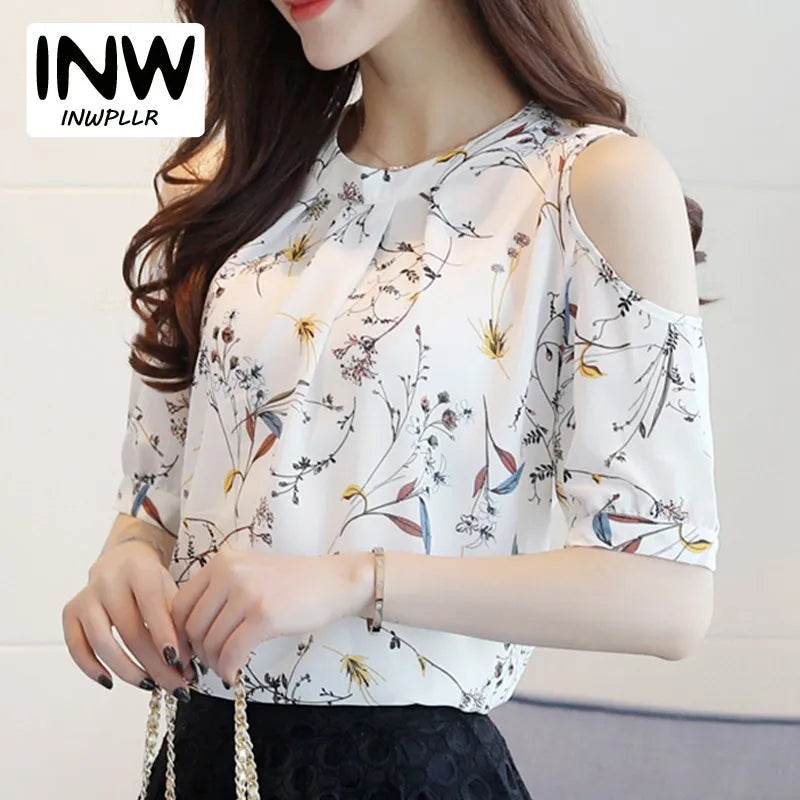 Summer 2017 Floral Women's Shirt: Elegant Open Shoulder, Chiffon Print