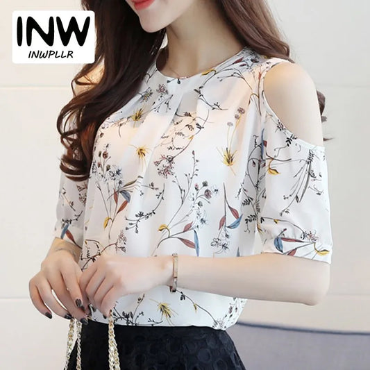 Summer 2017 Floral Women's Shirt: Elegant Open Shoulder, Chiffon Print