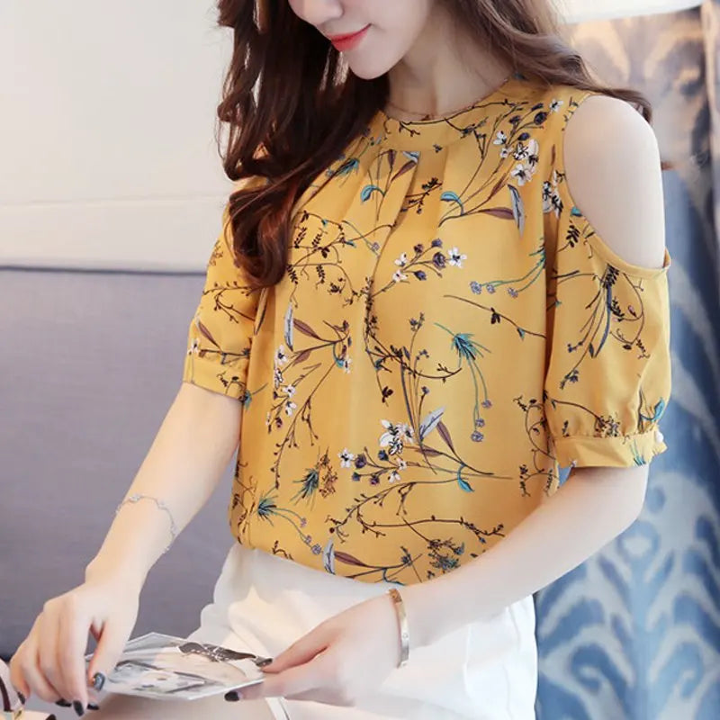 Summer 2017 Floral Women's Shirt: Elegant Open Shoulder, Chiffon Print