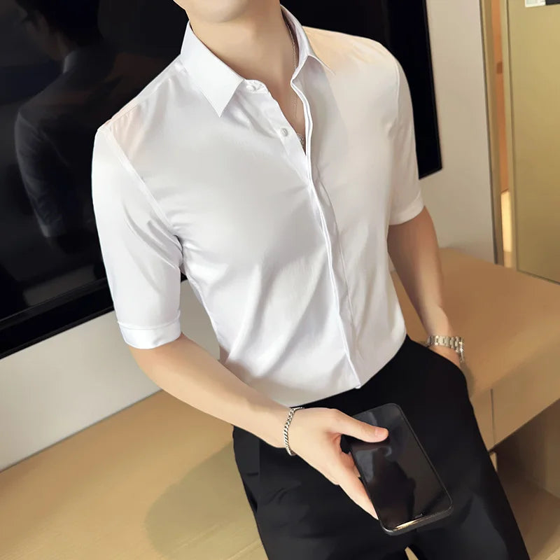 Top Quality Summer Ice Silk Men’s Shirts: Slim Fit, Half Sleeve, Business Casual