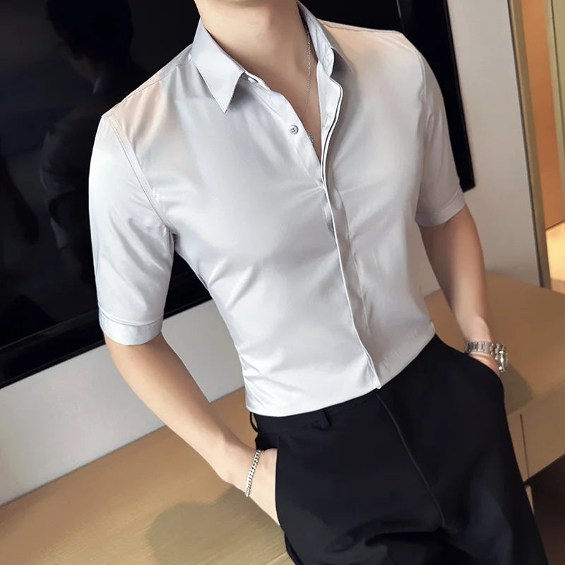 Top Quality Summer Ice Silk Men’s Shirts: Slim Fit, Half Sleeve, Business Casual