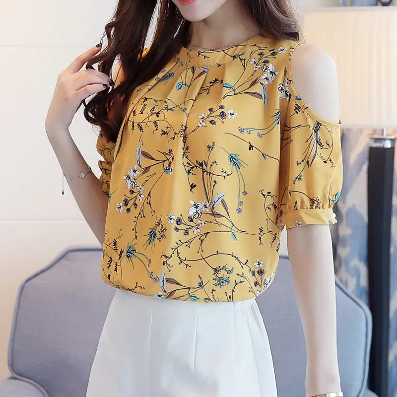 Summer 2017 Floral Women's Shirt: Elegant Open Shoulder, Chiffon Print